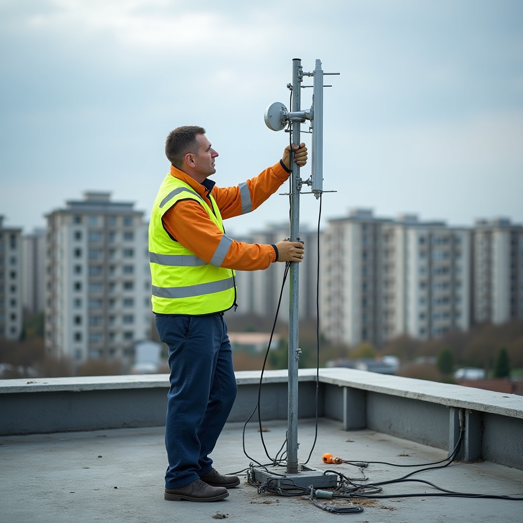 Специалист устанавливает антенну на крыше здания