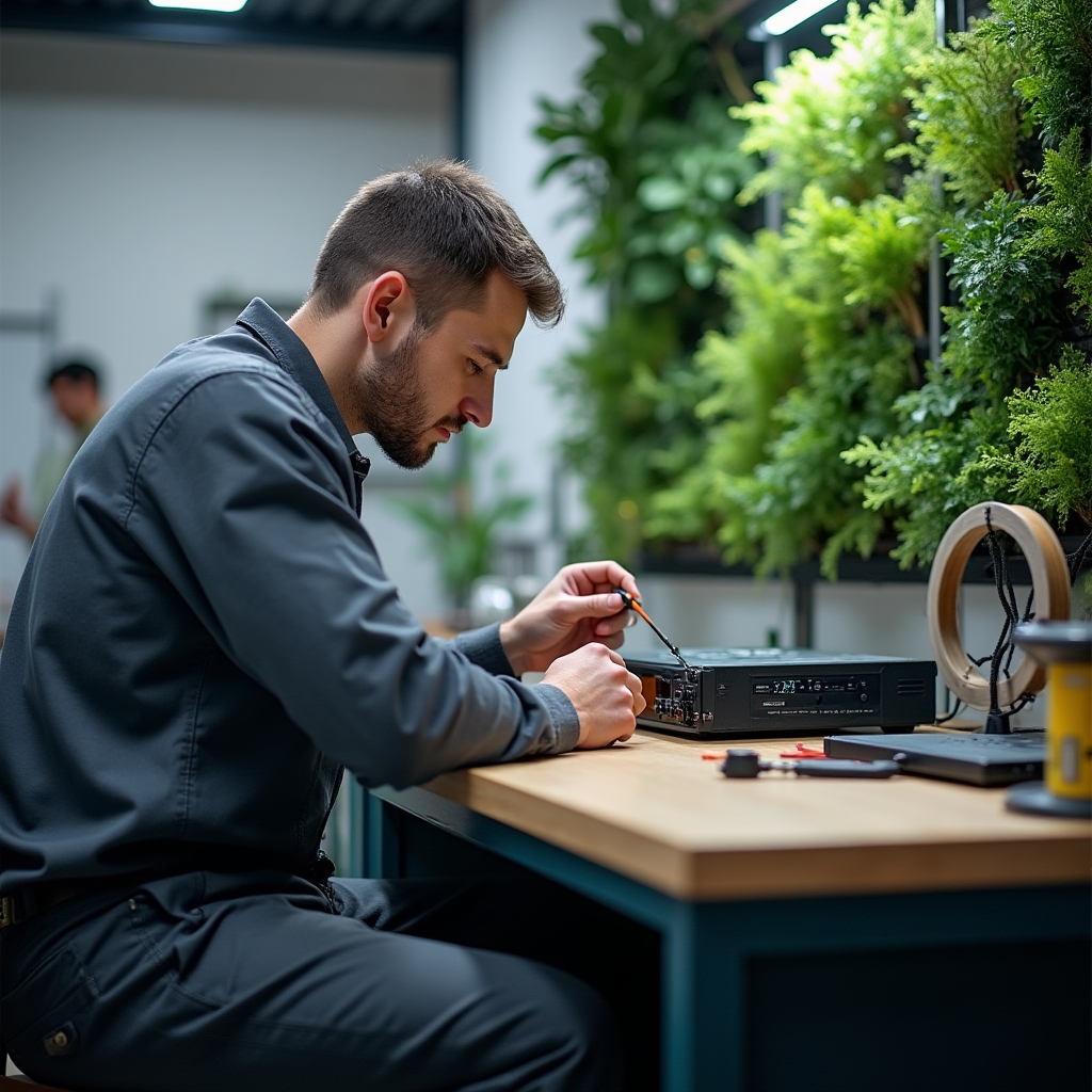 Специалист работает с телекоммуникационным оборудованием